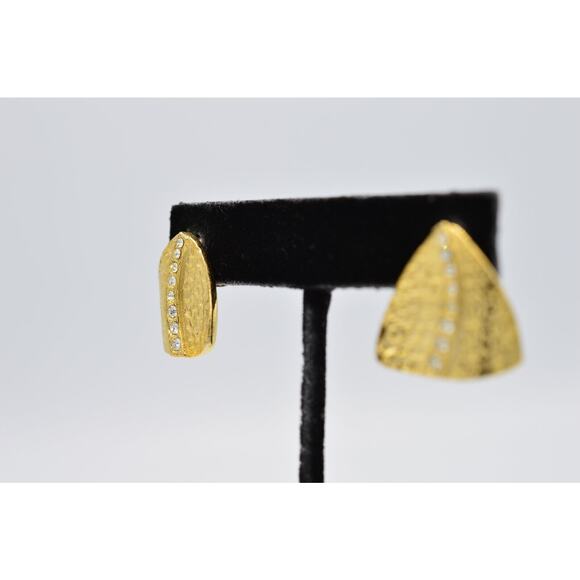 Vintage Pierced Earrings Brushed Gold Textured Rhinestone Shiny NOS 1980s BinAA - Picture 3 of 11